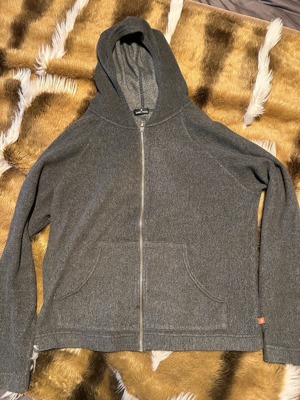 James Perse Gray Full Zip Hoodie Fleece Raglan Sleeve Boxy Fit Mens Medium USA